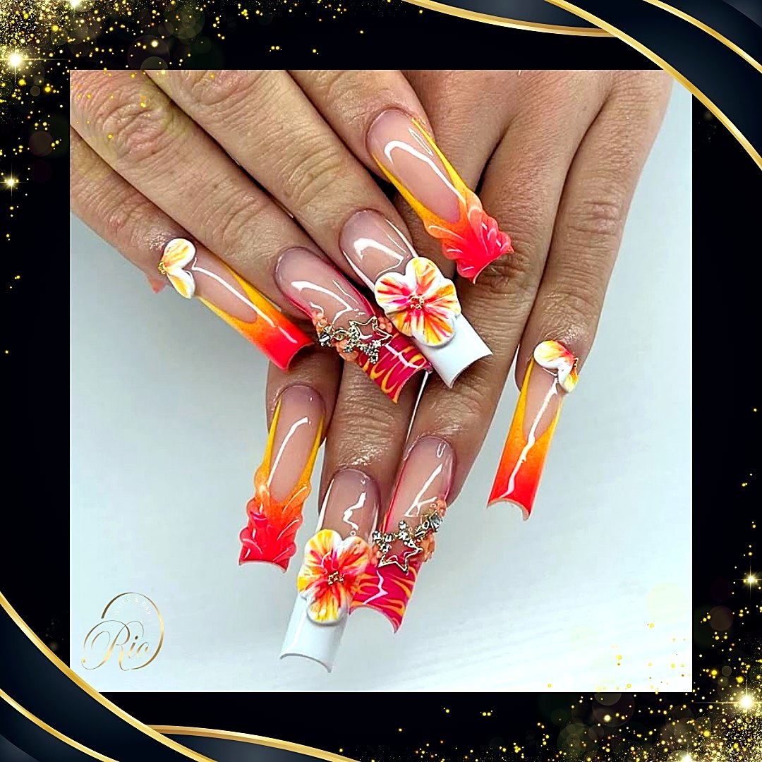 Orange floral nail art